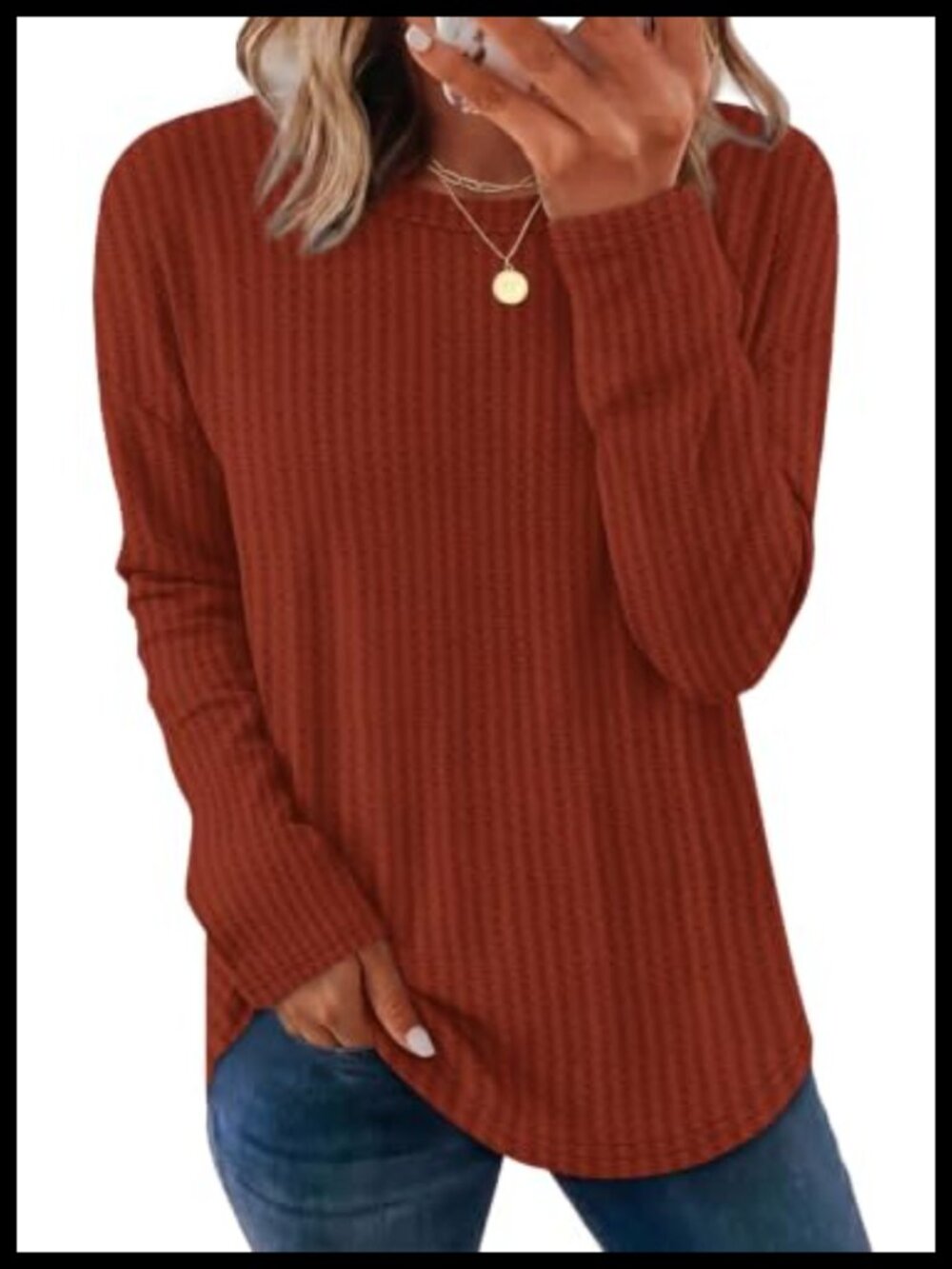 Women's Waffle Knit Long Sleeve Tunic Top Crew Neck Curved Hem